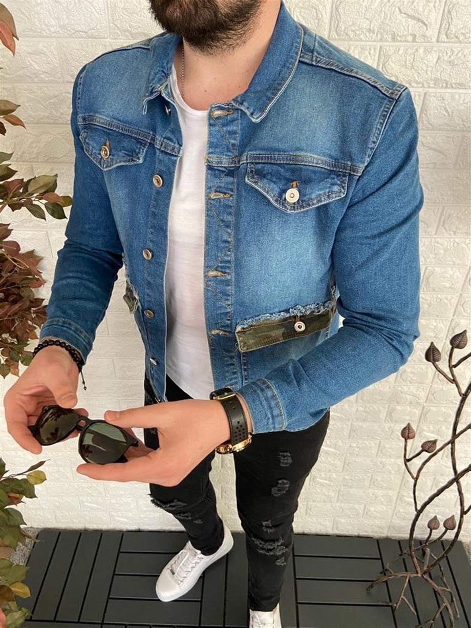 Erkek Mavi Slim Fit Kot Ceket