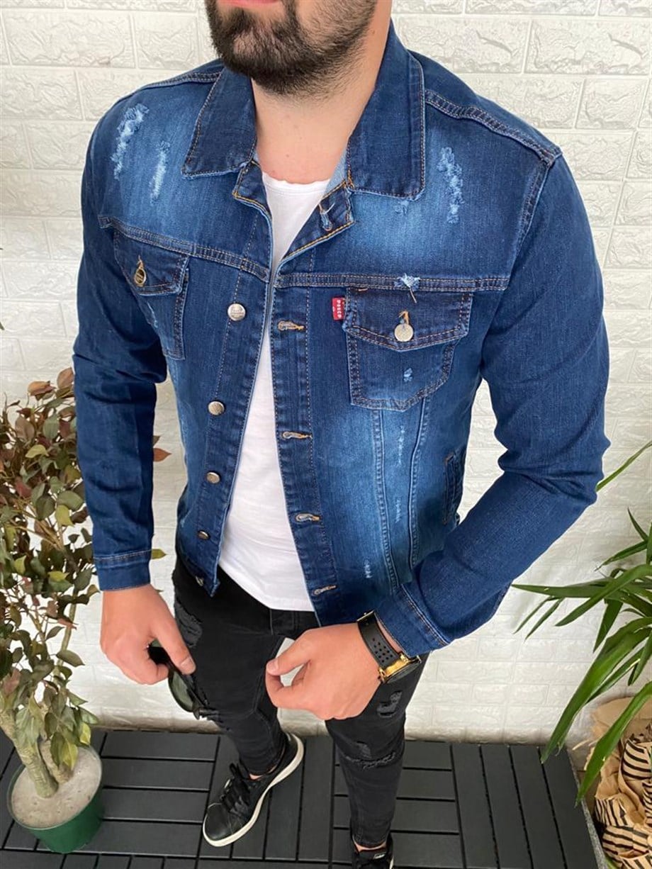 Erkek Mavi Slim Fit Lazerli Kot Ceket
