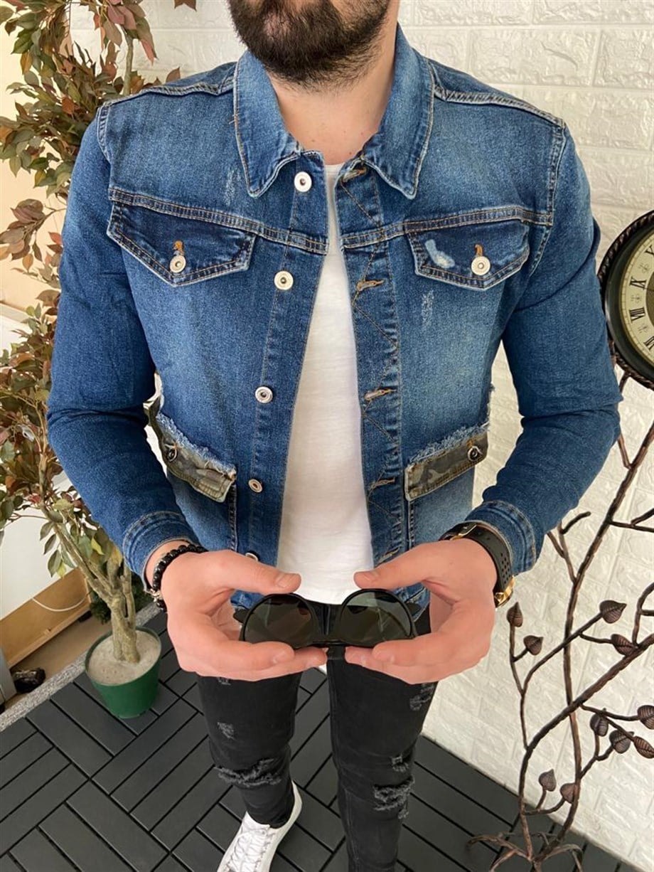 Erkek Mavi Slim Fit Lazerli Kot Ceket
