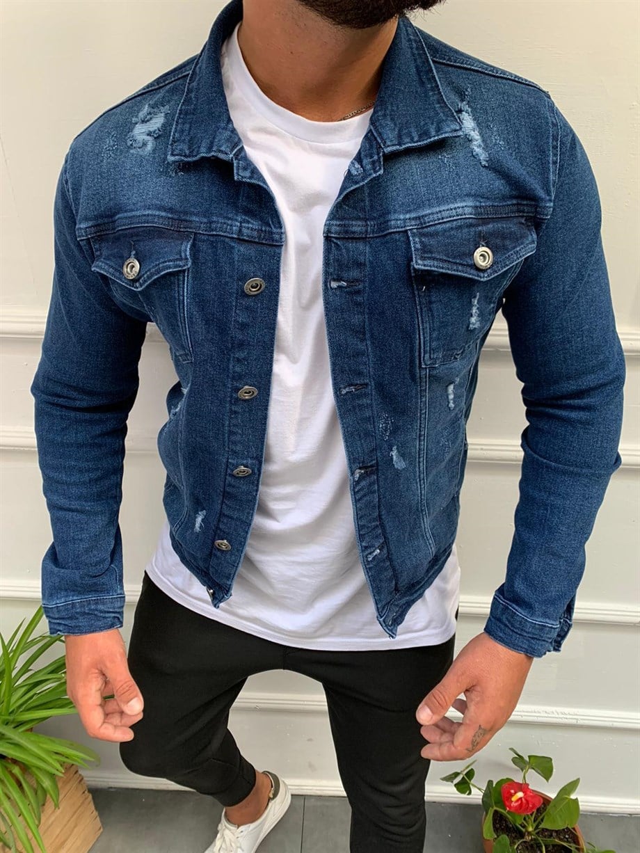 Erkek Mavi Slim Fit Lazerli Kot Ceket