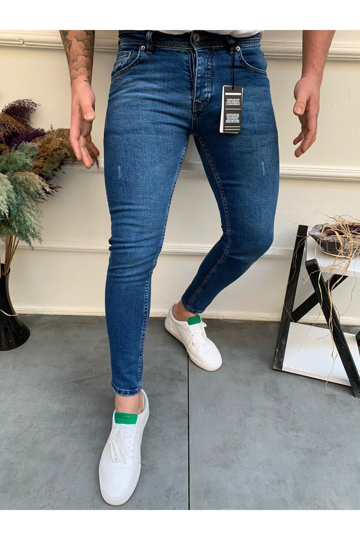 Erkek Mavi Slim Fit Lazerli Likralı Jean Pantolon