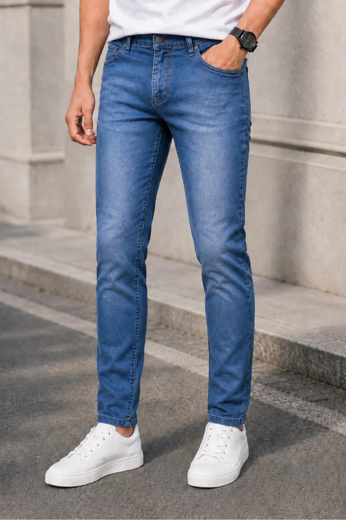 Erkek Mavi Slim Fit Likralı Dar Paça Kot Pantolon