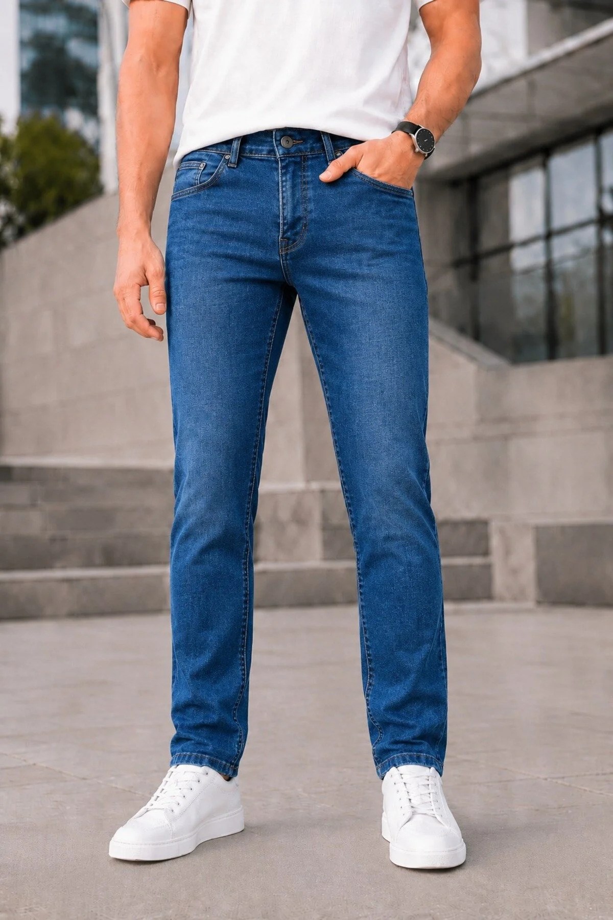 Erkek Mavi Slim Fit Likralı Jean Pantolon