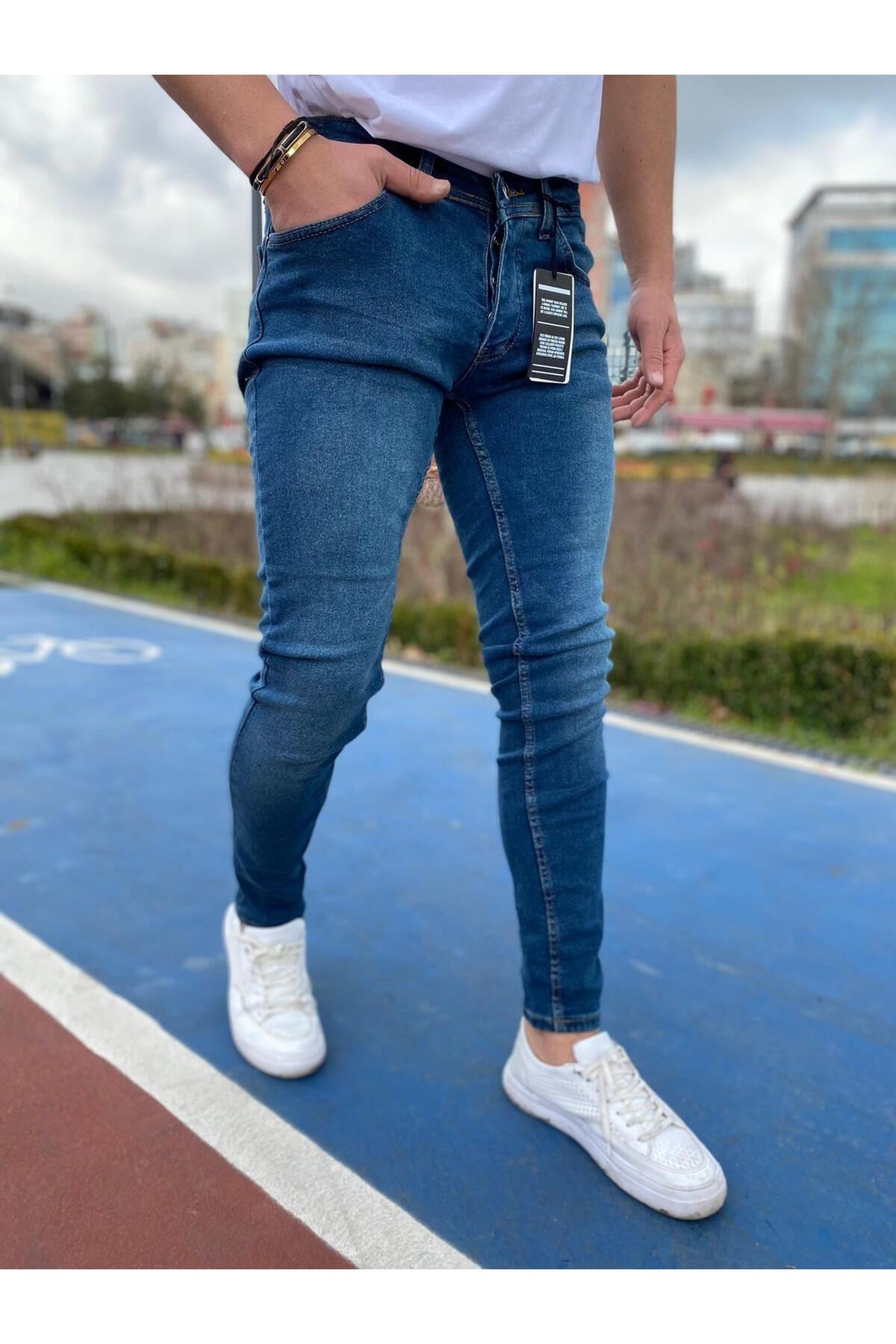 Erkek Mavi Slim Fit Likralı Jean Pantolon