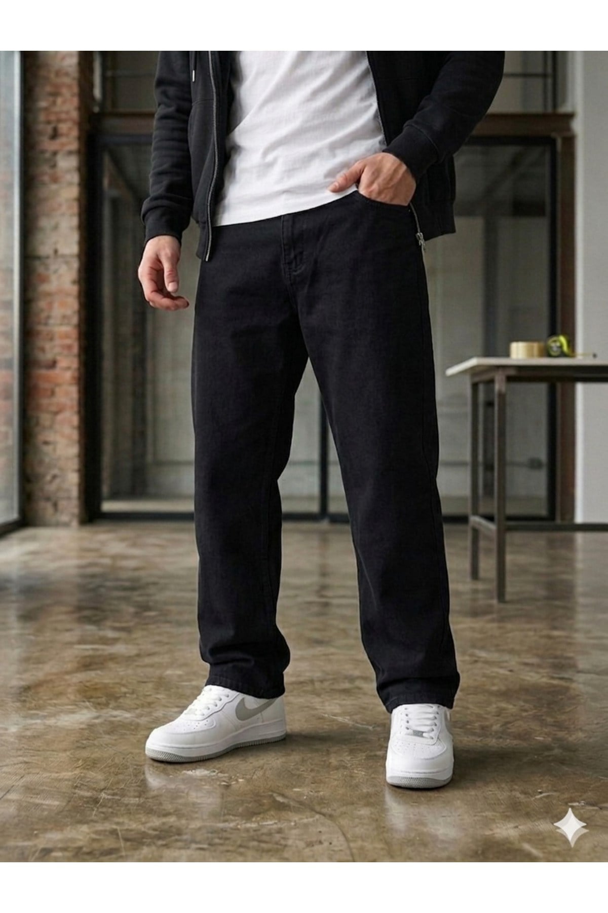 Erkek Siyah Baggy Fit Geniş Kesim Jean Pantolon