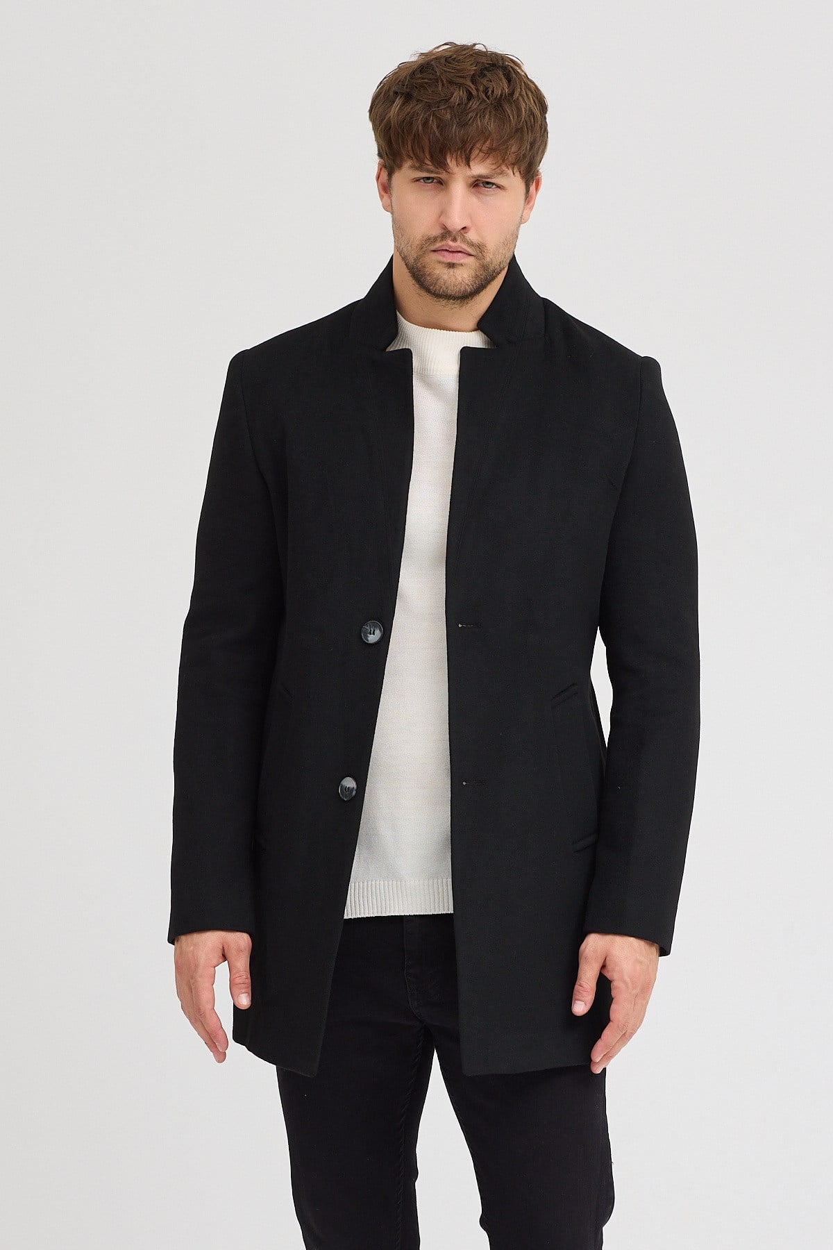 Erkek Siyah Kaşe Kaban Slim Fit Dik Yaka Kışlık Kaban Palto
