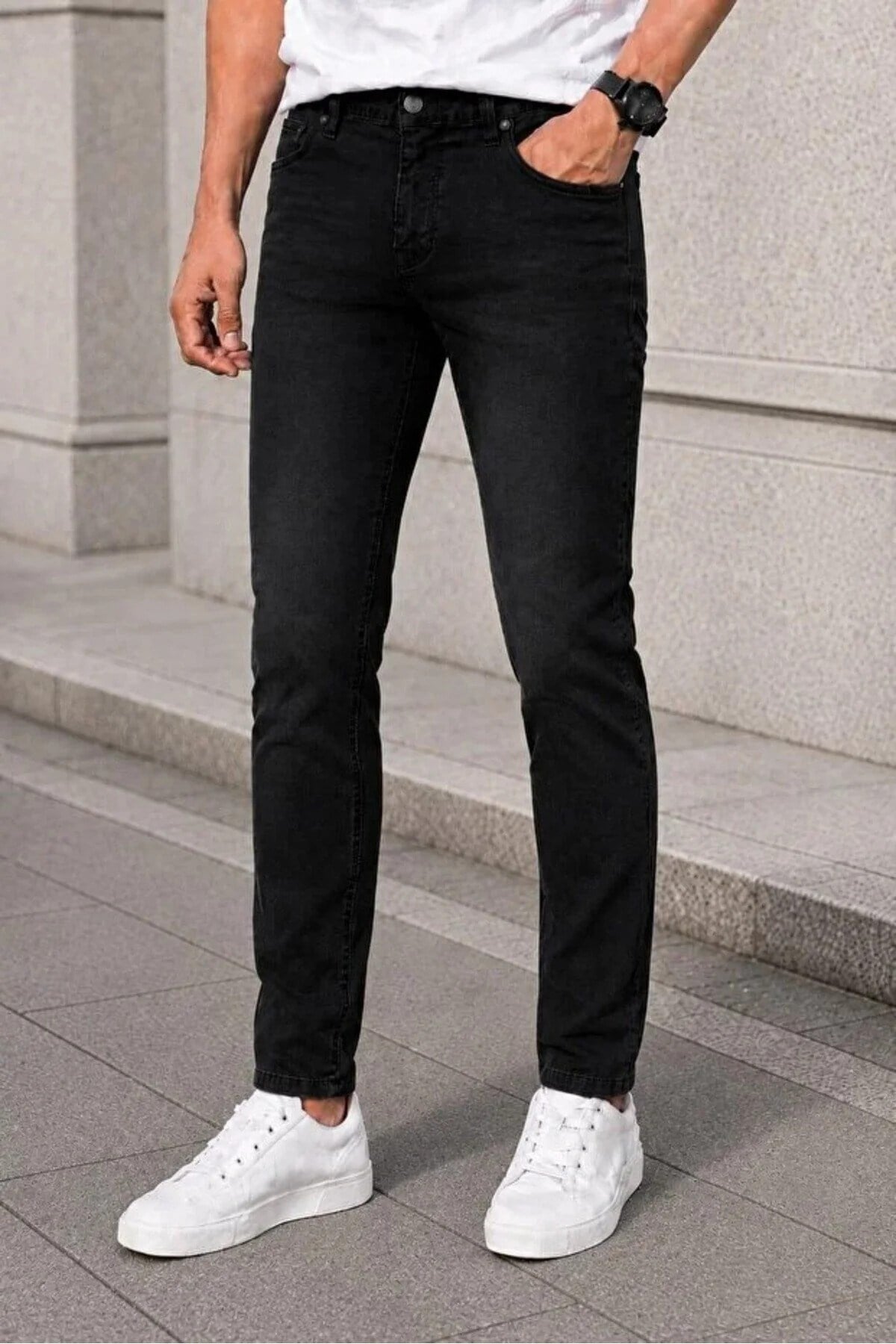 Erkek Siyah Kimyasallı Slim Fit Likralı Dar Paça Kot Pantolon