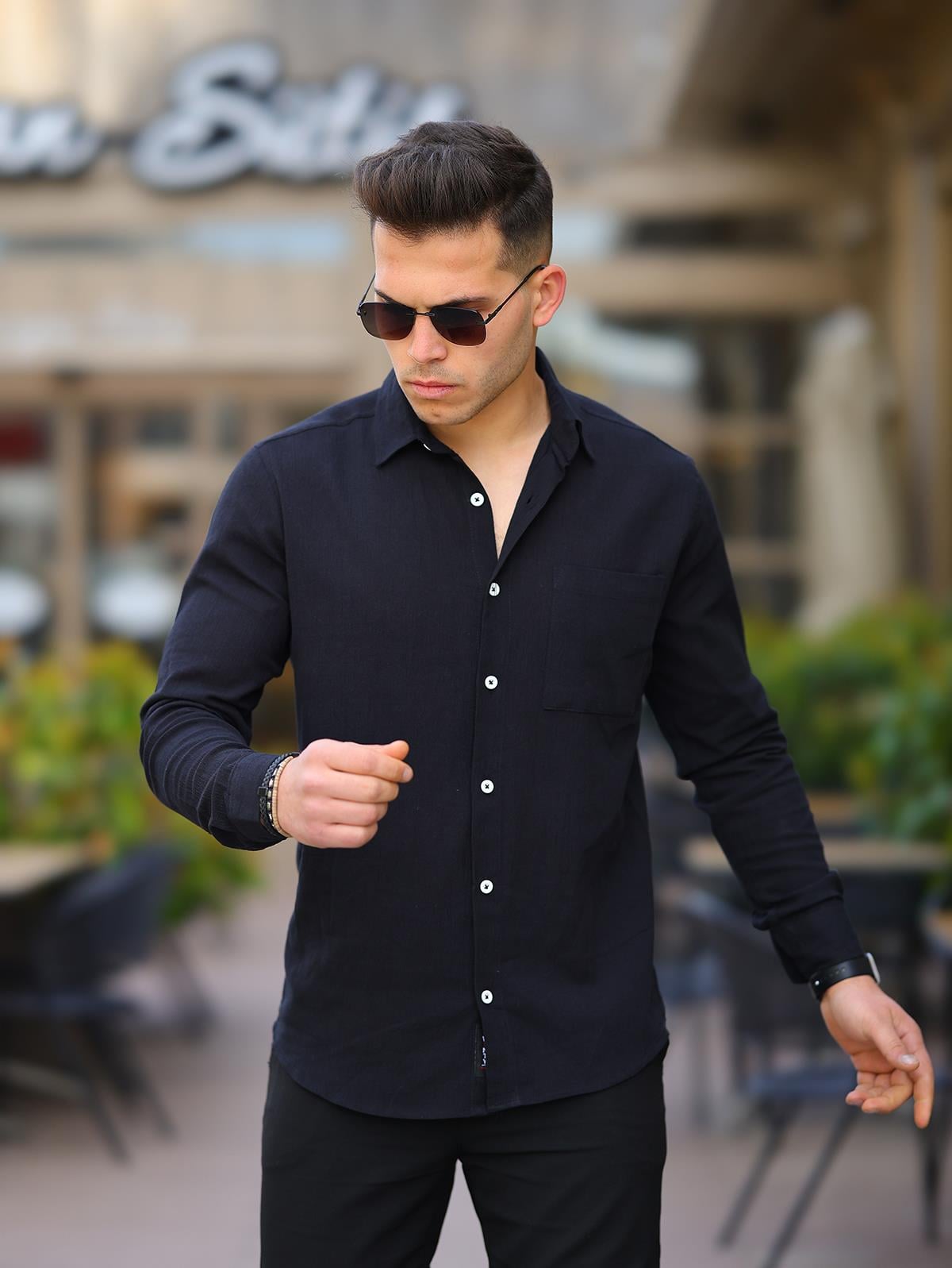 Erkek Siyah Regular Fit Cepli Keten Gömlek