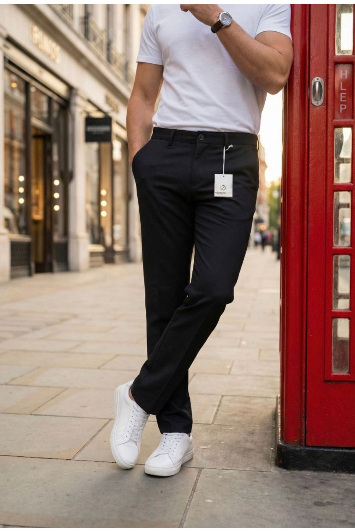 Erkek Siyah Slim Fit Dar Kesim Likralı Yan Cep Bilek Boy Düz Kumaş Pantolon