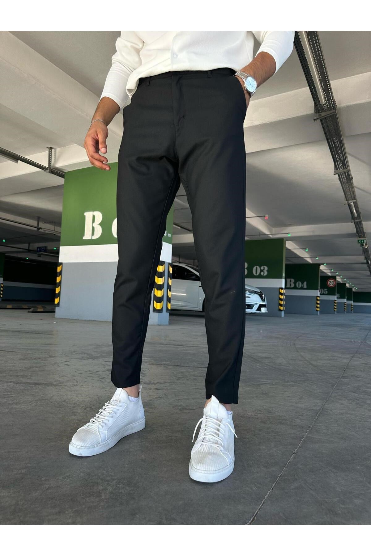 Erkek Siyah Slim Fit Dar Kesim Likralı Yan Cep Bilek Boy Düz Kumaş Pantolon