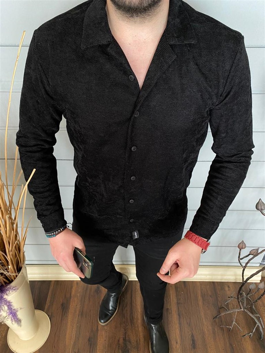 Erkek Siyah Slim Fit Kadife Örme Kışlık Gömlek