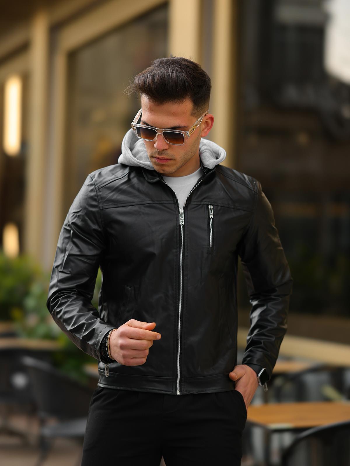 Erkek Siyah Slim Fit Kapüşonlu Deri Ceket