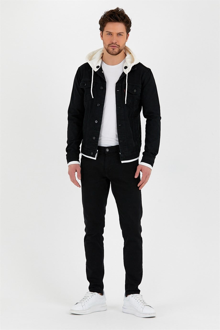Erkek Siyah Slim Fit Kapüşonlu Kot Ceket