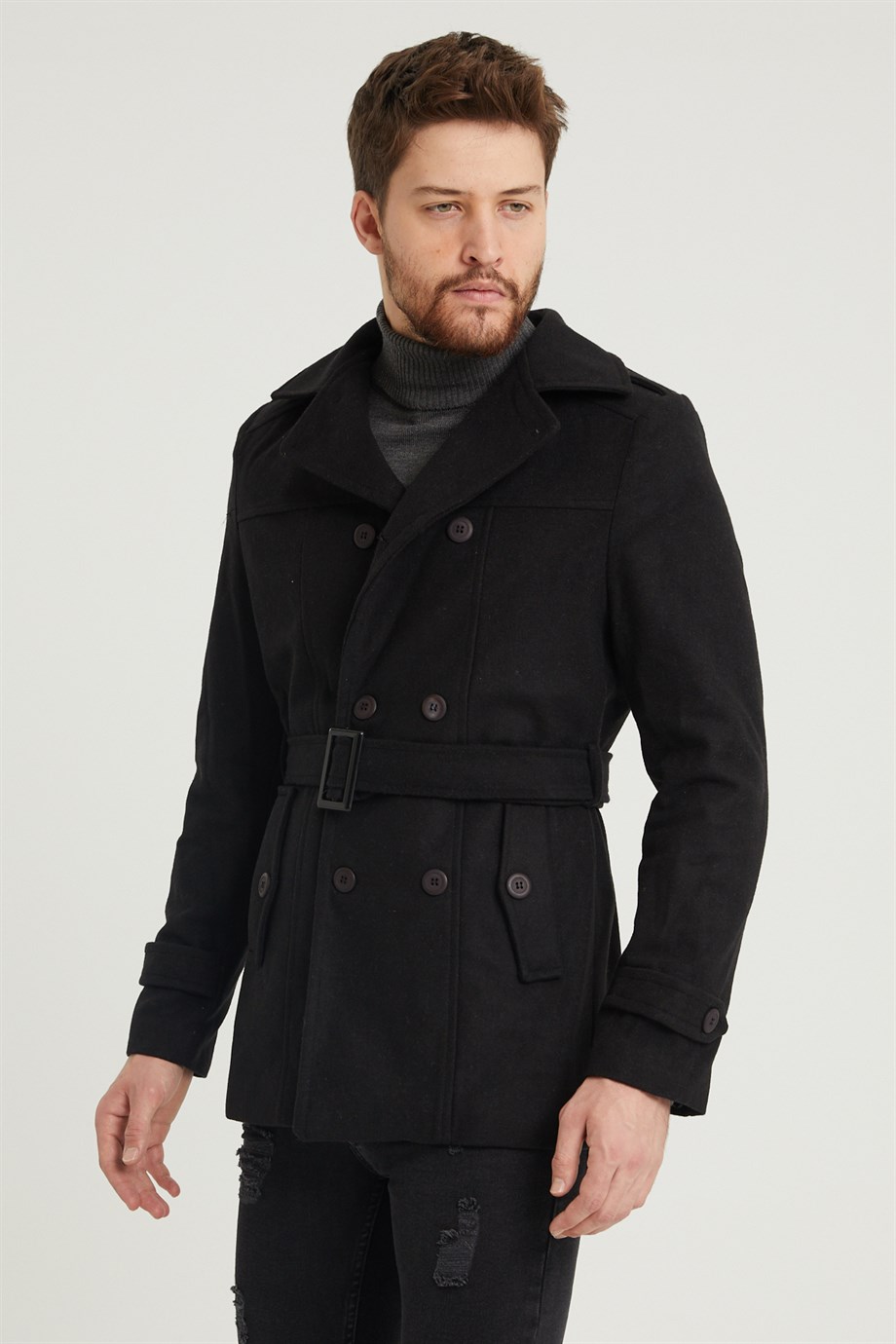 Erkek Siyah Slim Fit Kemerli Kaşe Kaban