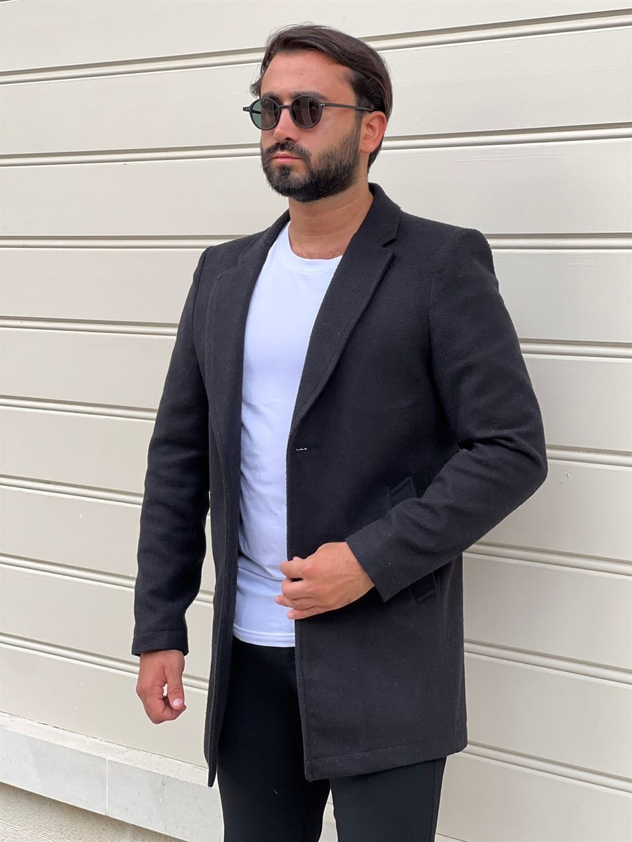 Erkek Siyah Slim Fit Kruvaze Kaşe Kaban