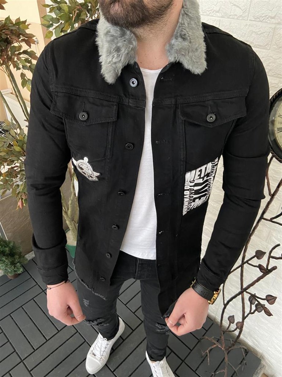 Erkek Siyah Slim Fit Kürklü Kot Ceket