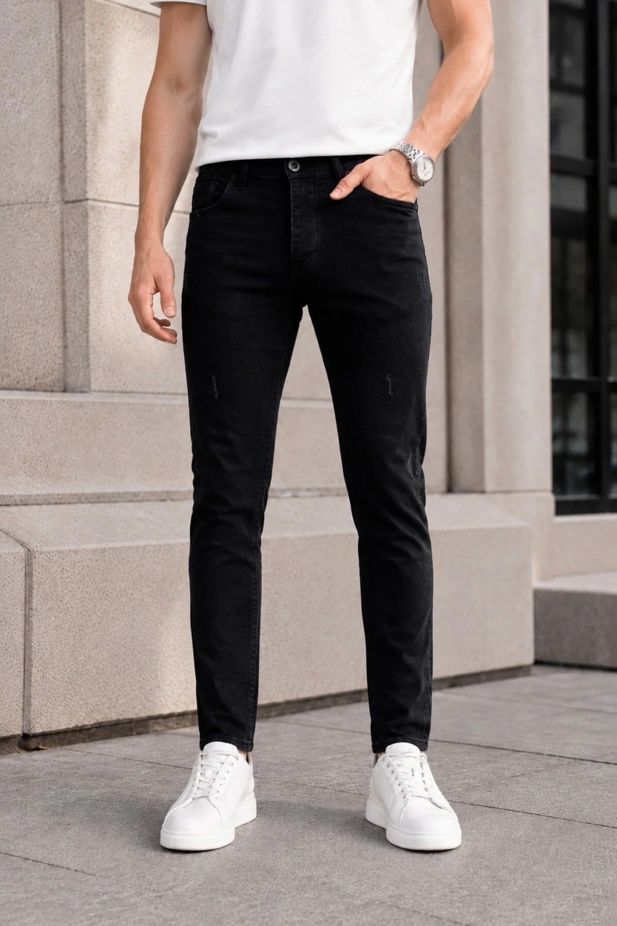 Erkek Siyah Slim Fit Likralı Dar Paça Lazerli Kot Pantolon