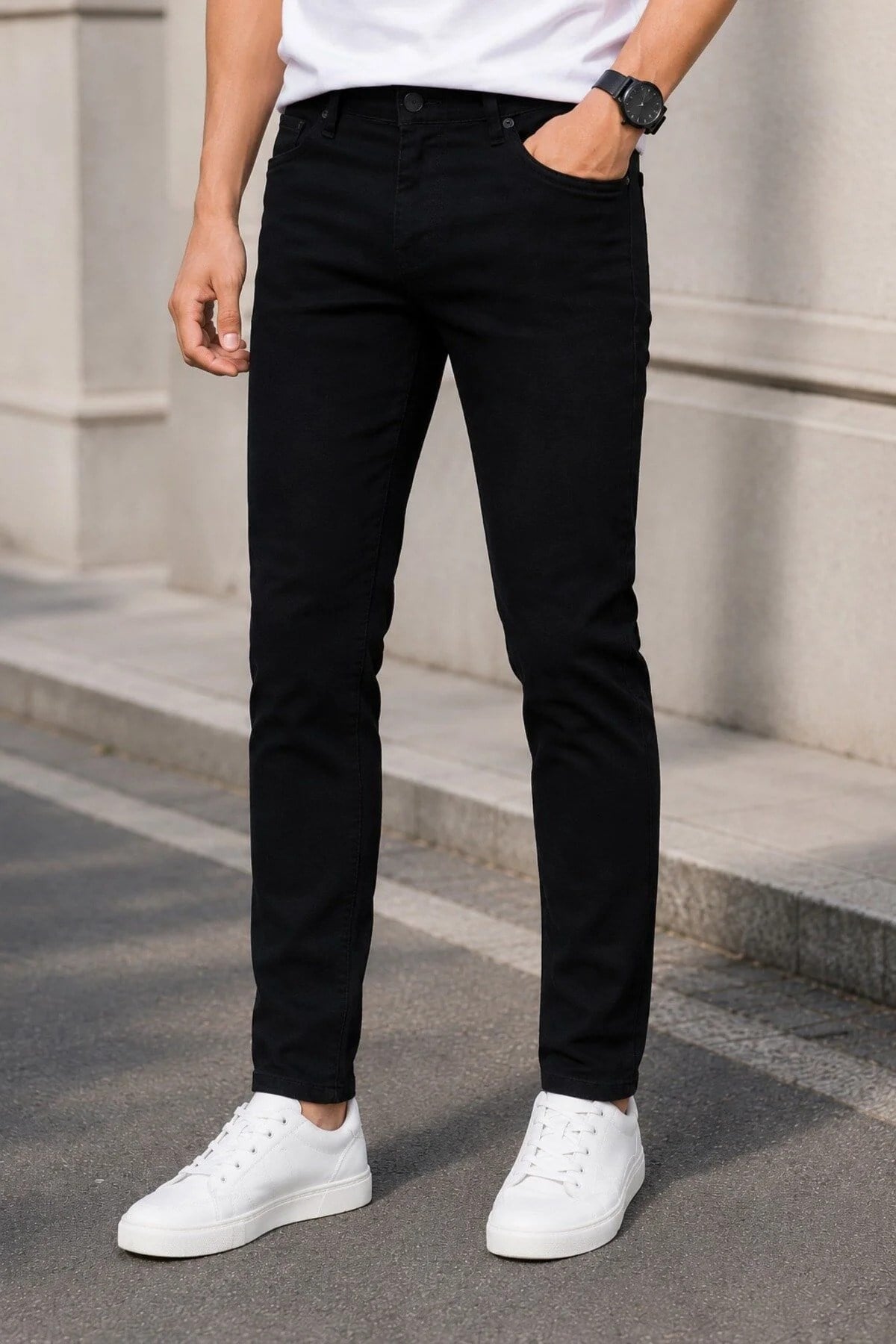 Erkek Siyah Slim Fit Likralı Dar Paça Kot Pantolon