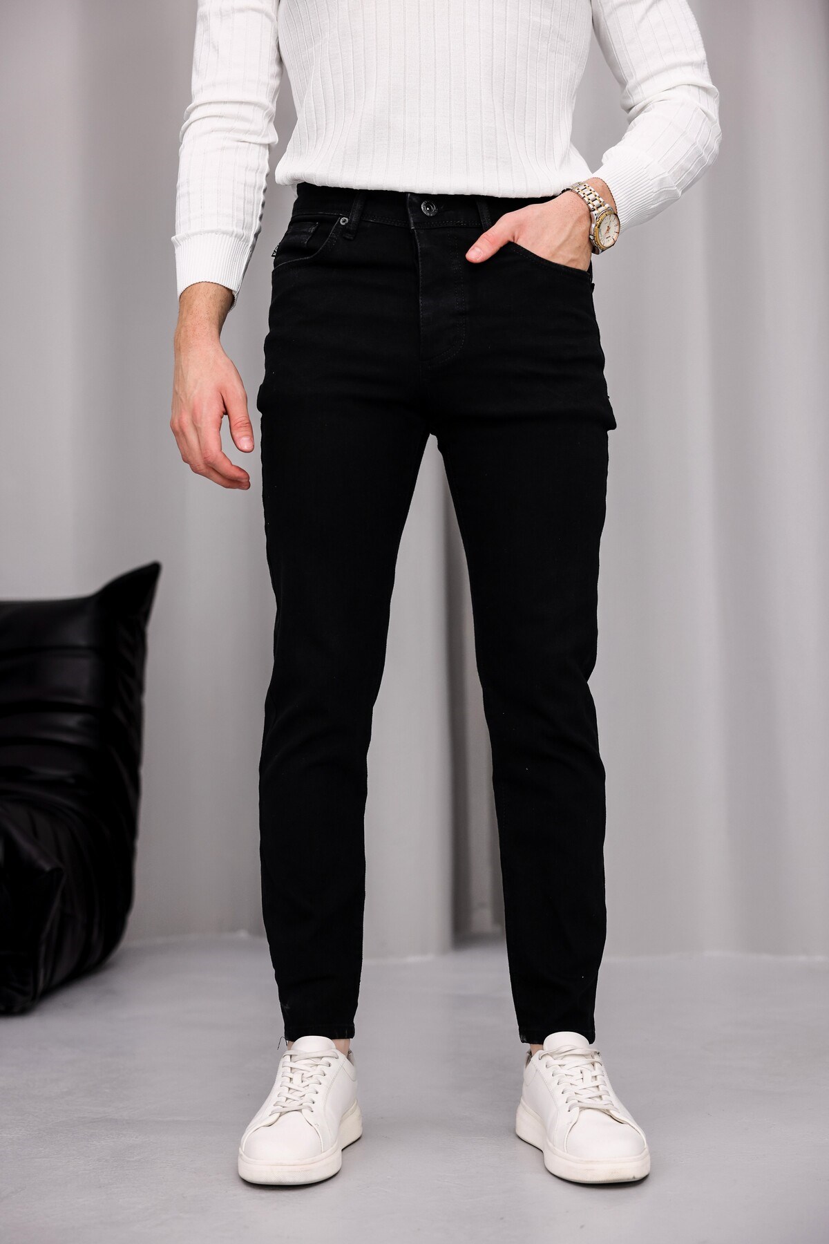 Erkek Siyah Slim Fit Likralı Dar Paça Kot Pantolon