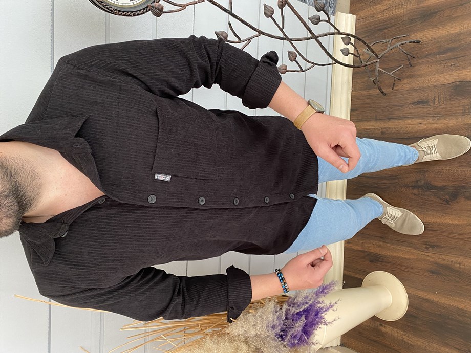 Erkek Siyah Slim Fit Örme Kadife Gömlek