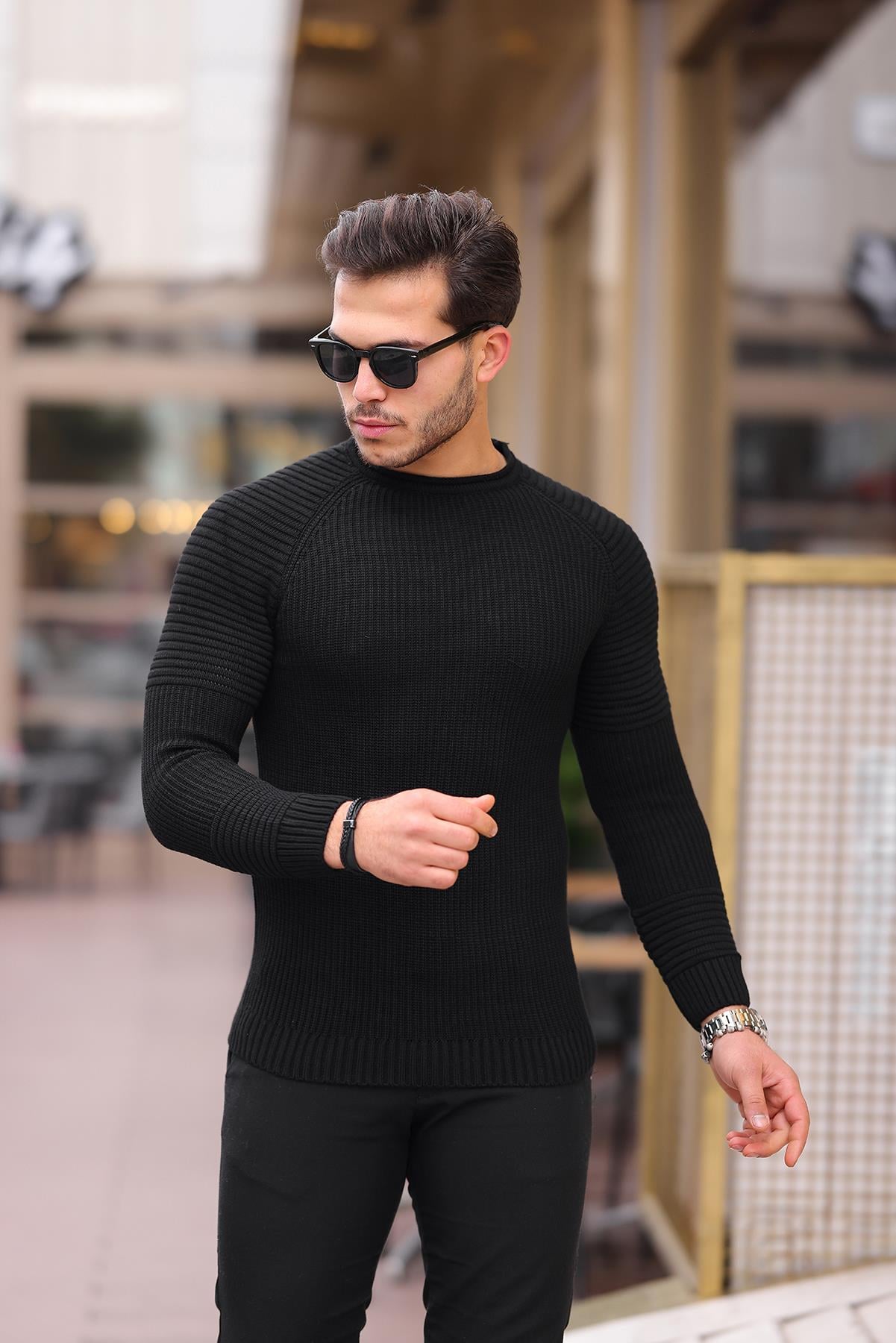 Erkek Siyah Slim Fit Örme Kazak
