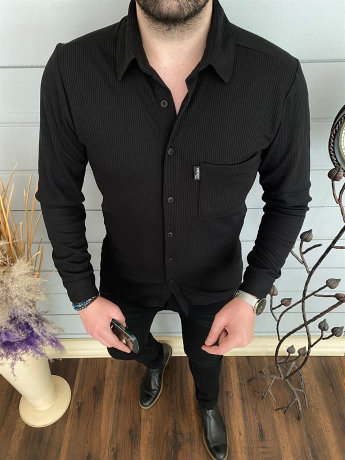 Erkek Siyah Slim Fit Pamuklu Gömlek