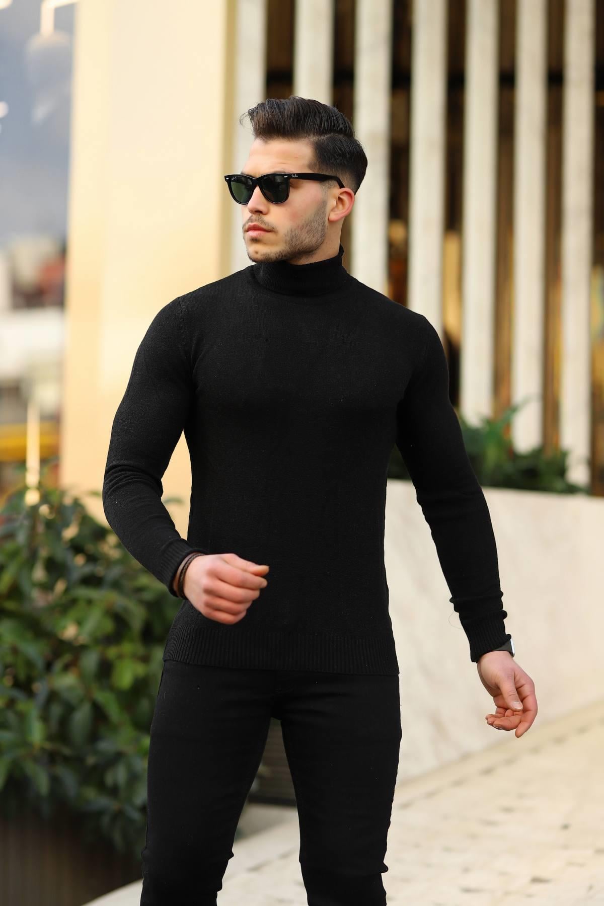 Erkek Siyah Slim Fit Tam Balıkçı Yaka Kazak