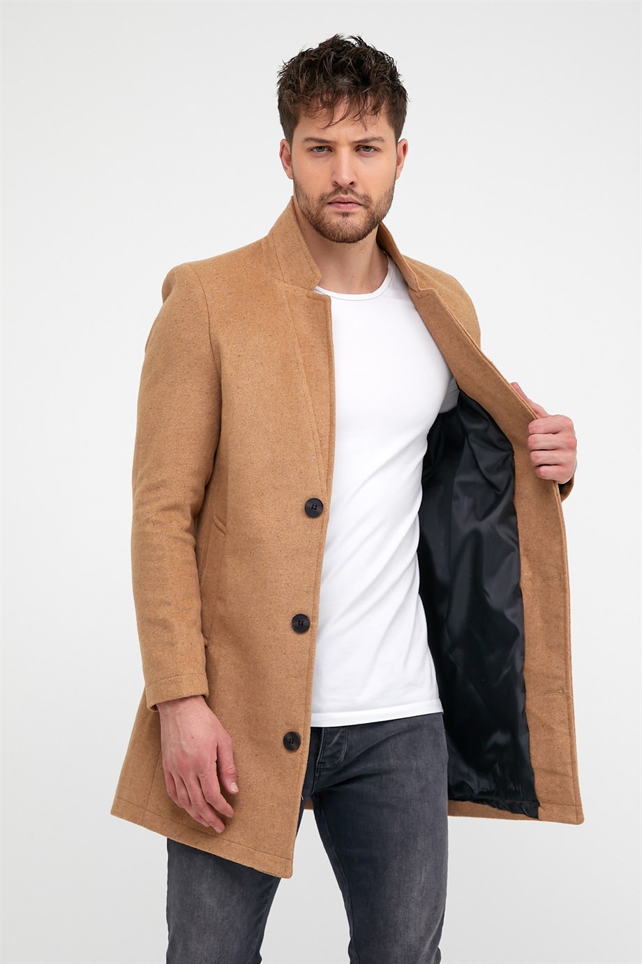 Erkek Taba Slim Fit Dik Yaka Kaşe Kaban