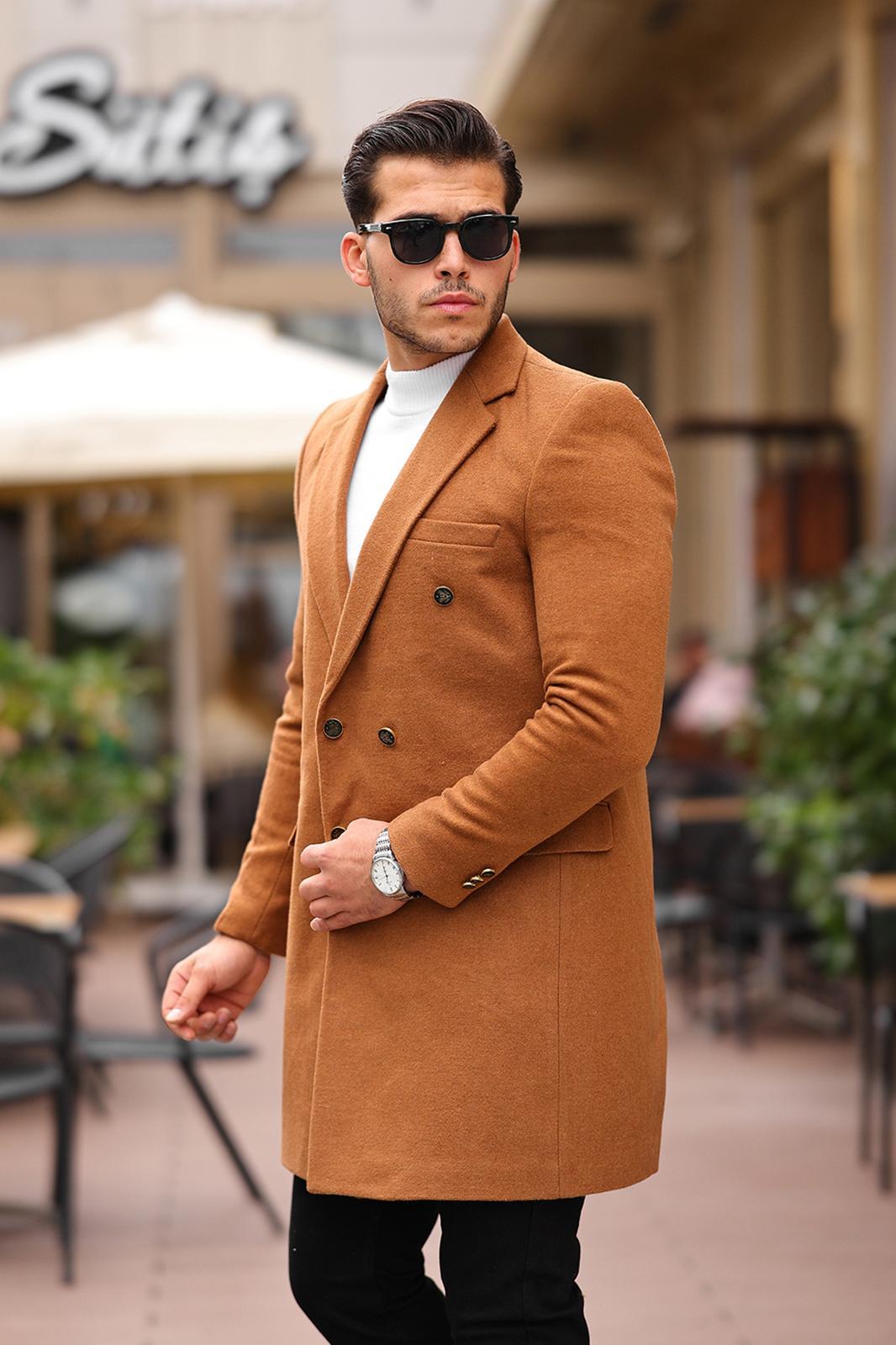 Erkek Taba Slim Fit Kruvaze Uzun Kaşe Kaban