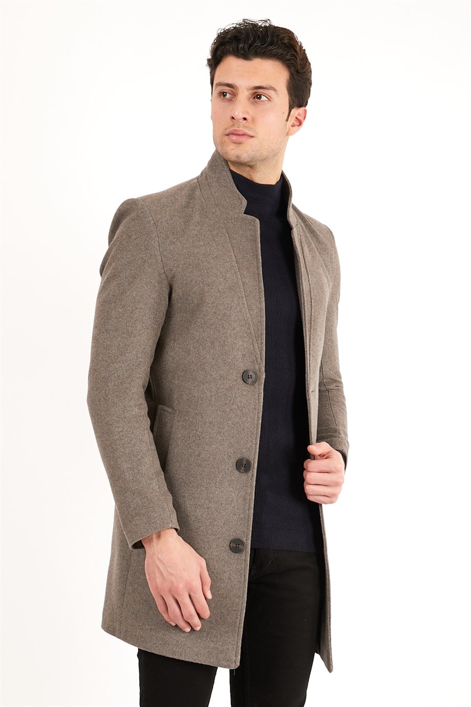 Erkek Vizon Slim Fit Dik Yaka Kaşe Kaban