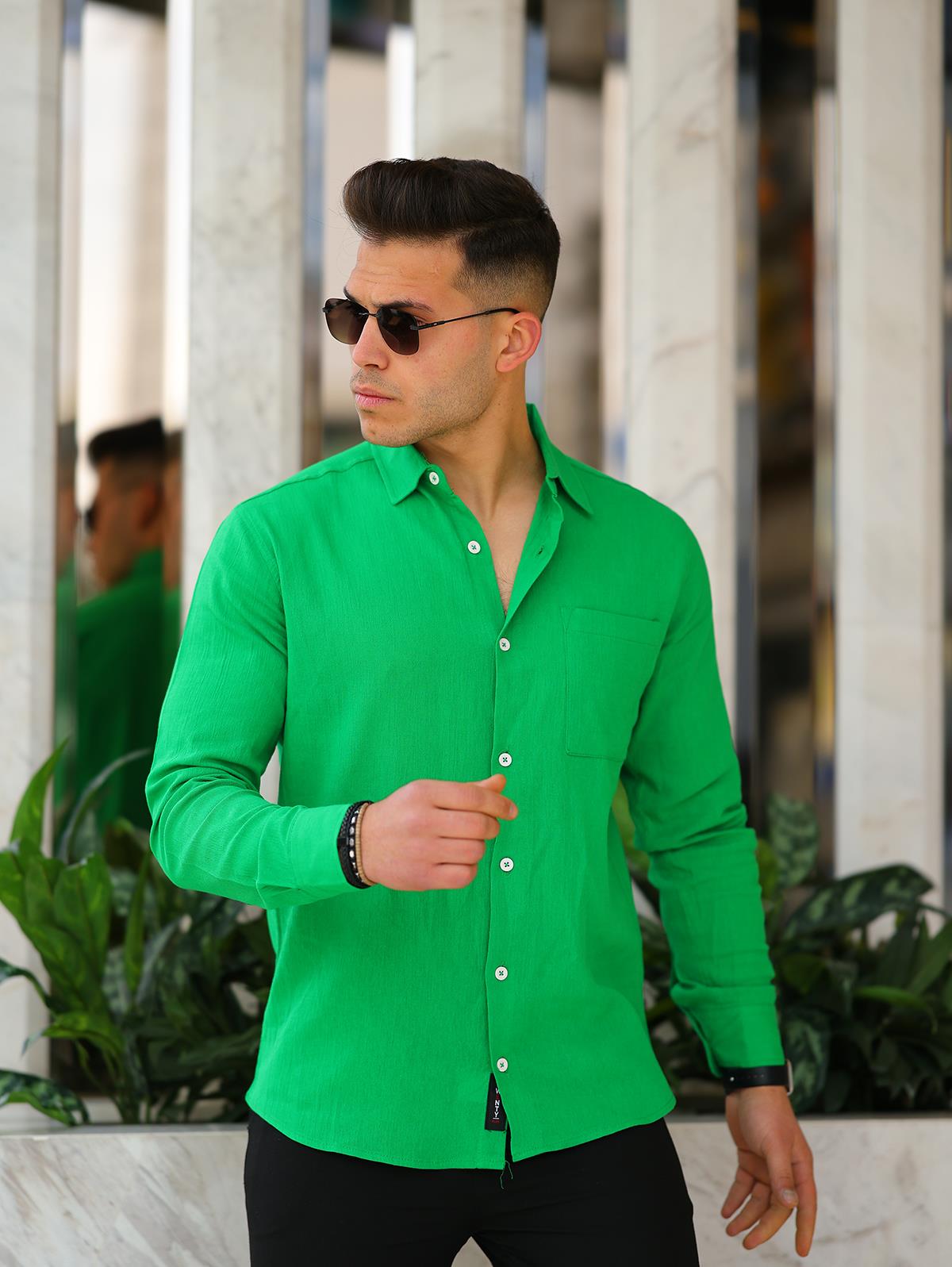 Erkek Yeşil Regular Fit Cepli Keten Gömlek
