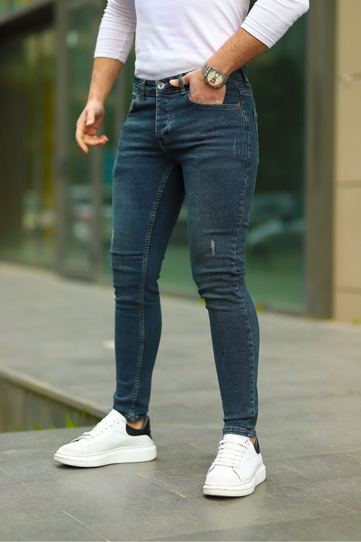 Erkek Yeşil Slim Fit Lazerli Likralı Jean Pantolon