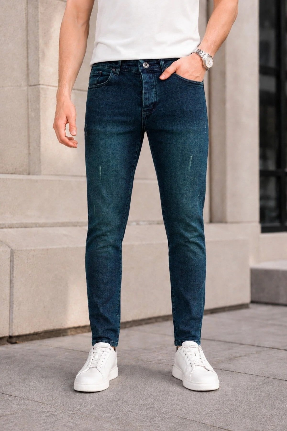 Erkek Yeşil Slim Fit Likralı Dar Paça Lazerli Kot Pantolon