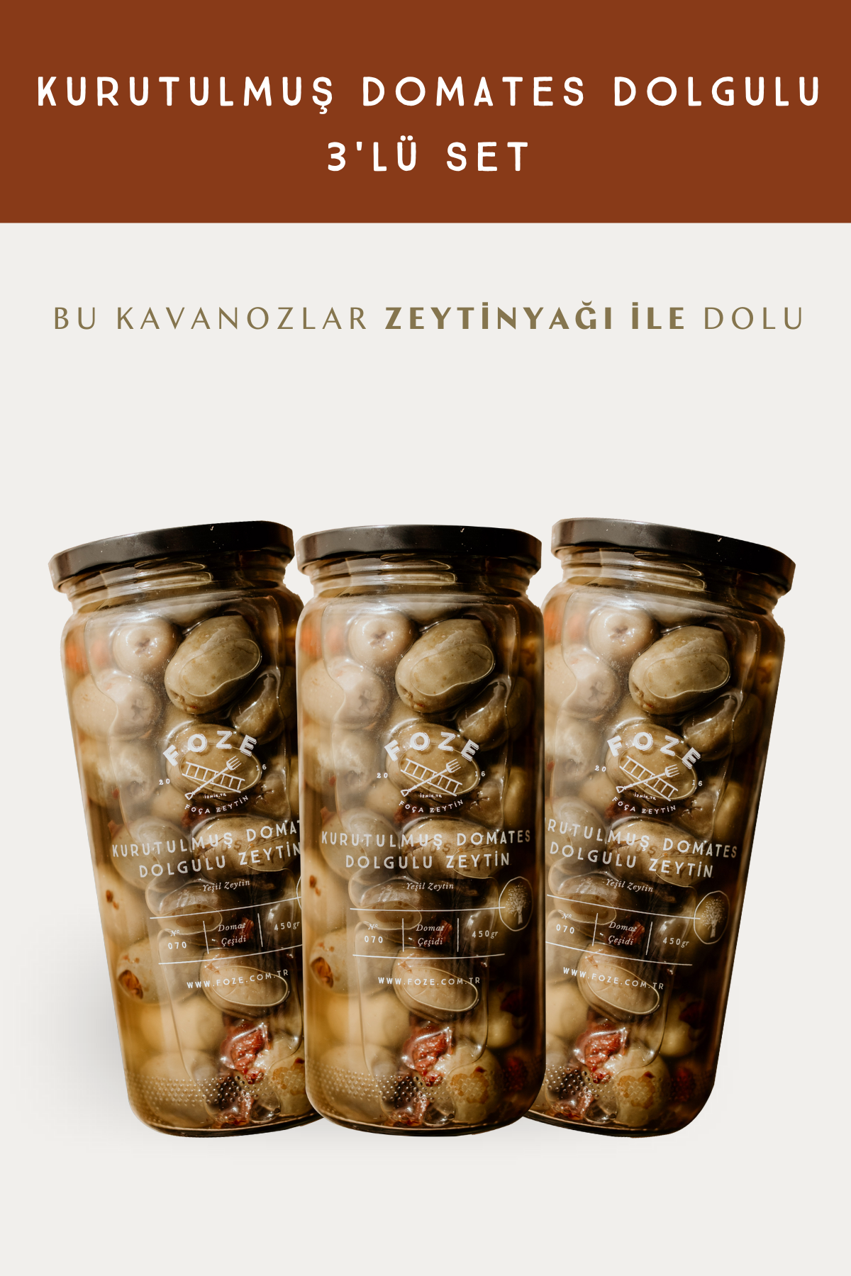 Kurutulmuş Domates Dolgulu Yeşil Zeytin 450 gr (3'LÜ SET) - Soğuk Sıkım Sızma Zeytinyağlı