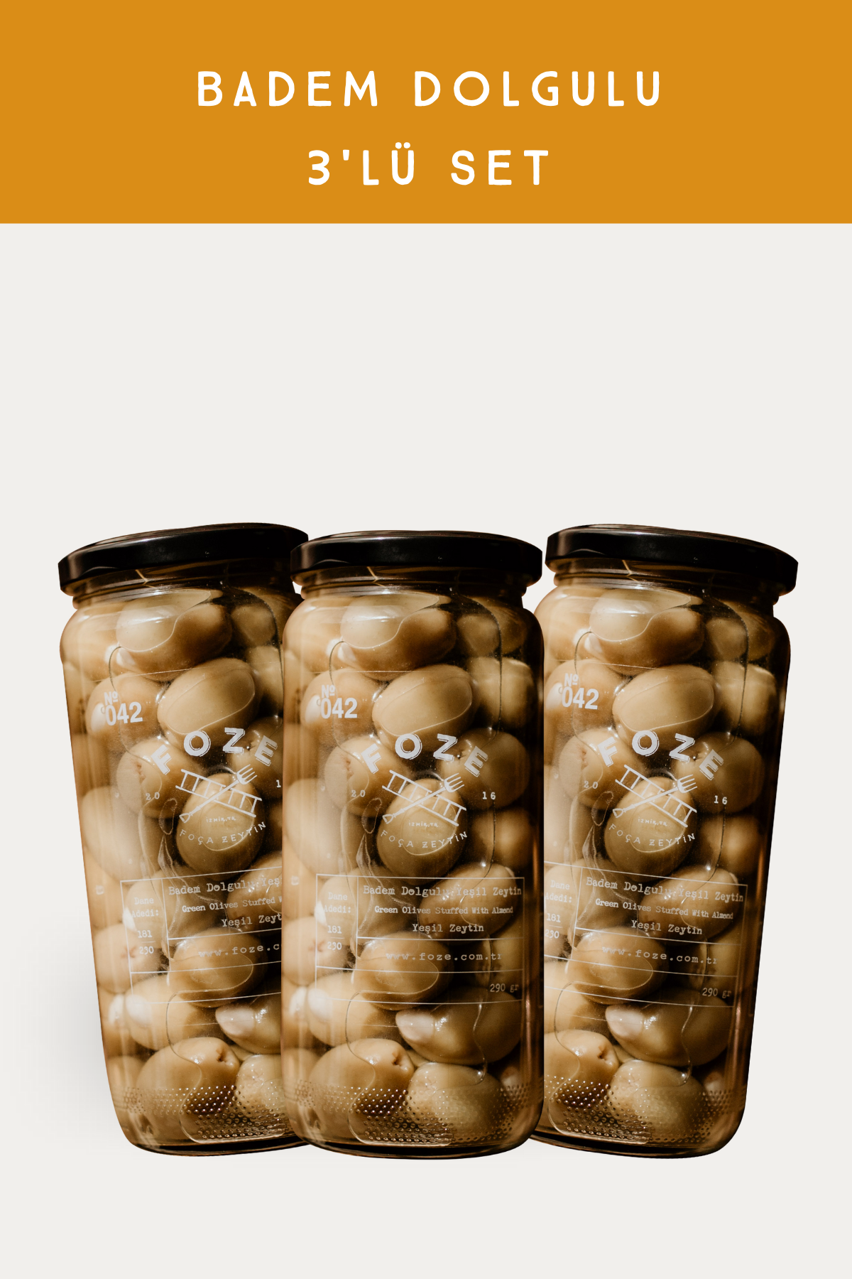Foze Badem Dolgulu Yeşil Zeytin - 290 gr (3'LÜ SET)