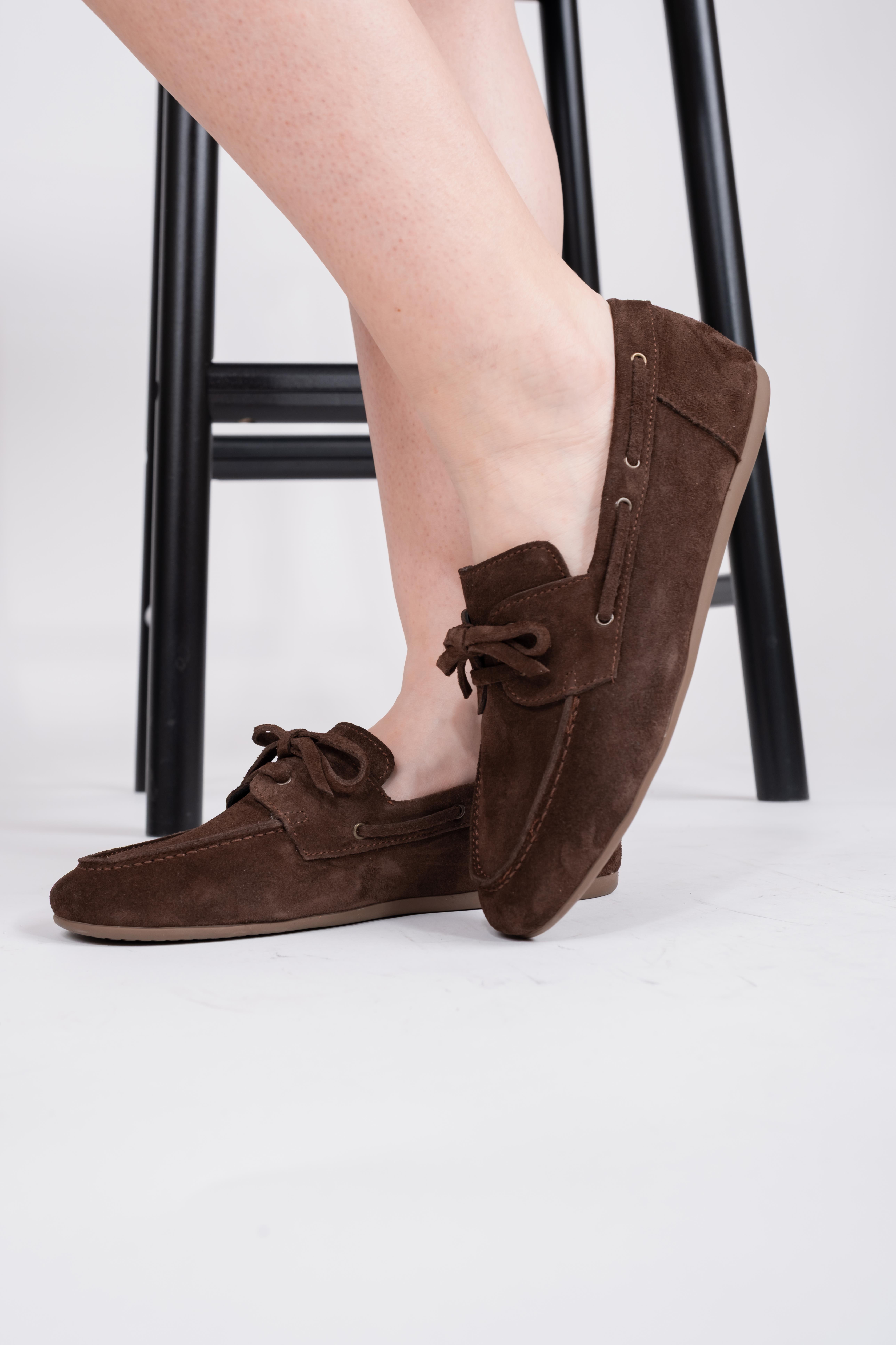 Hakiki deri Bağcıklı kahve kadın loafer