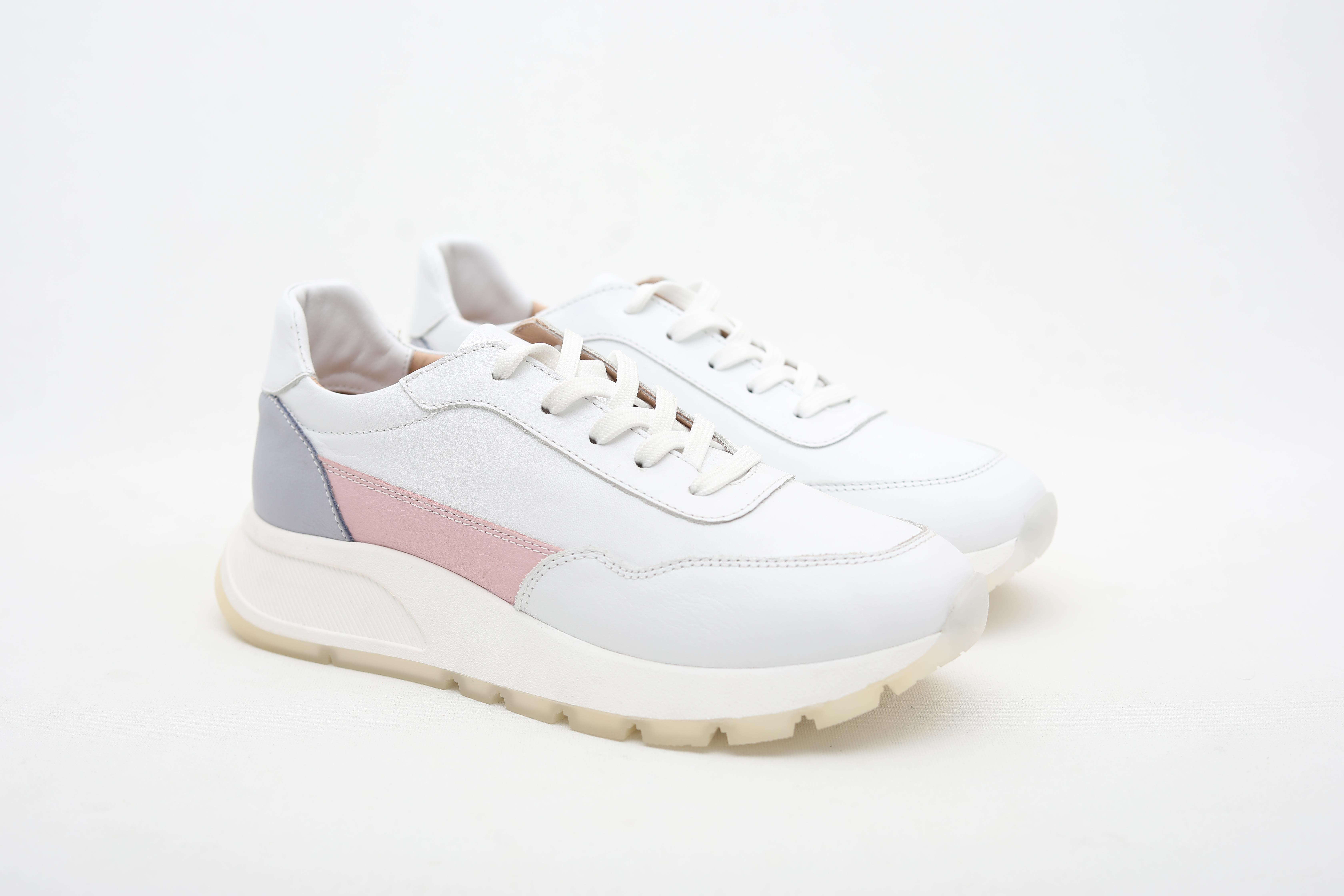 Hakiki Deri Pembe Detaylı Beyaz Kadın Sneaker 