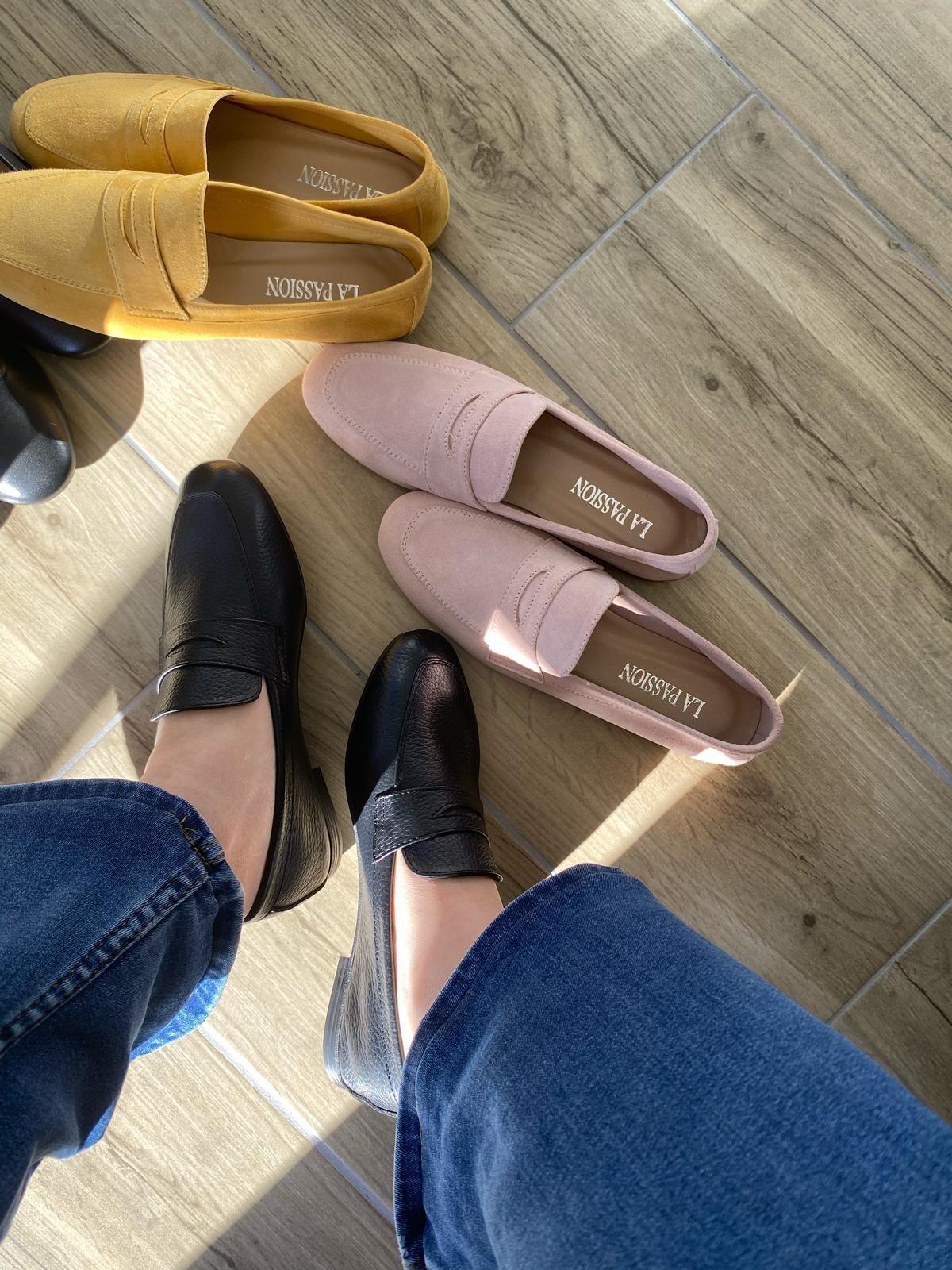 Hakiki deri siyah günlük kadın loafer