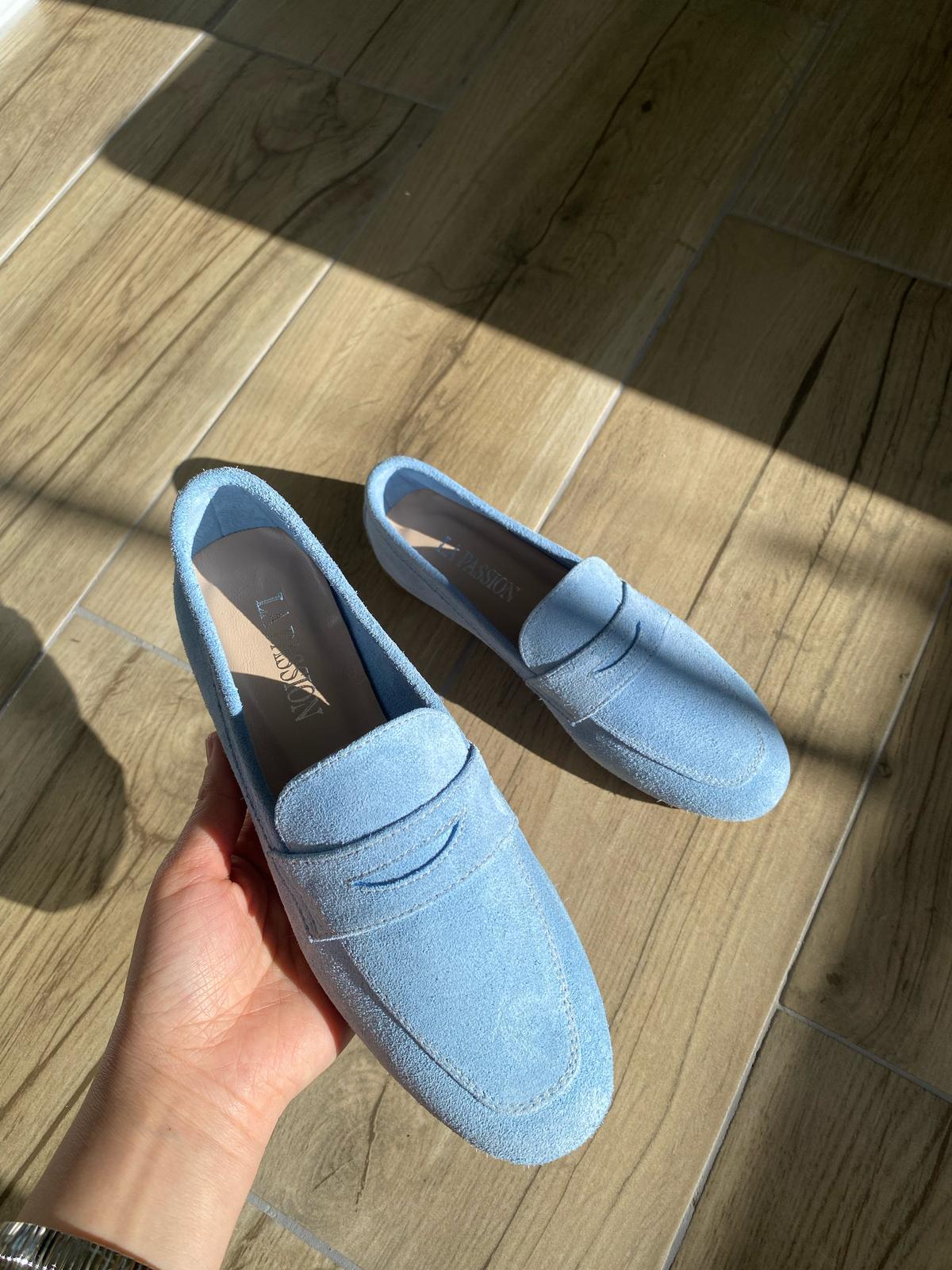 Hakiki süet deri bebek mavisi kadın loafer