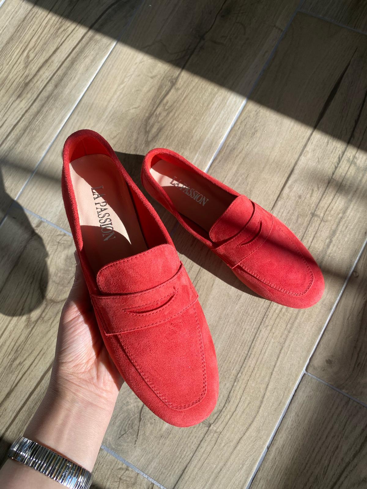 Hakiki süet deri kırmızı günlük kadın loafer