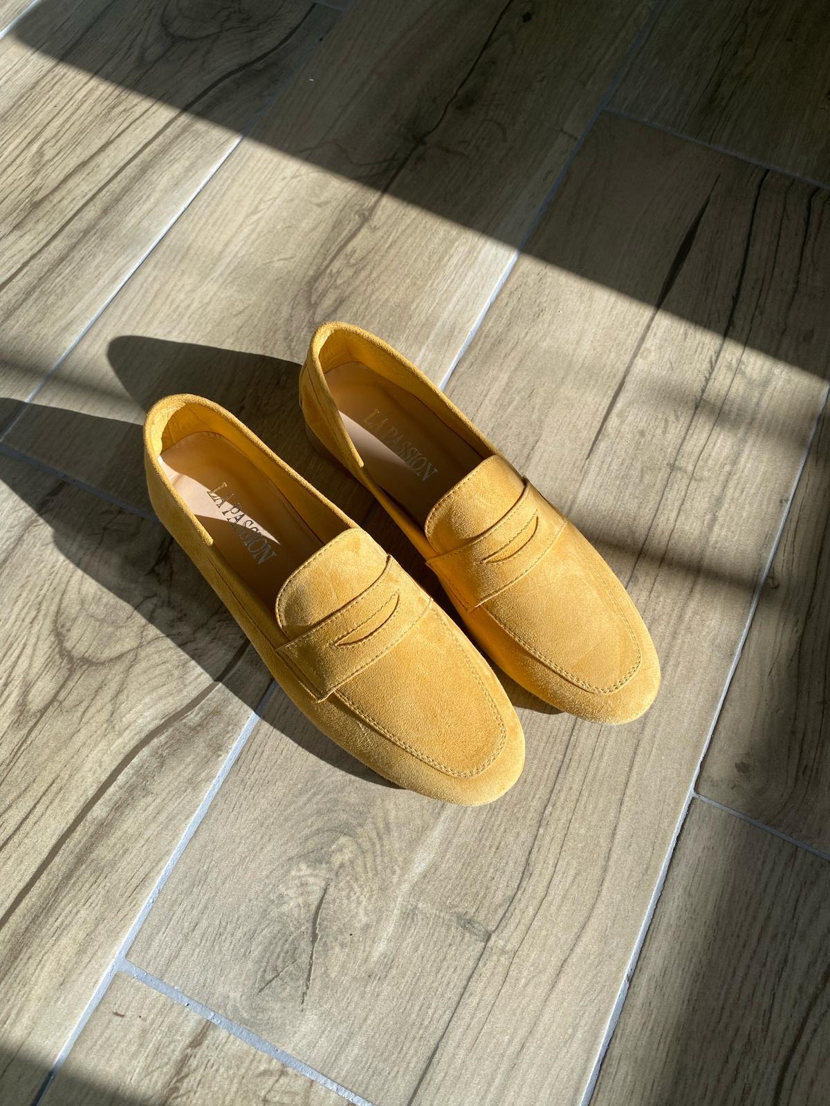 Hakiki süet deri sarı günlük kadın loafer