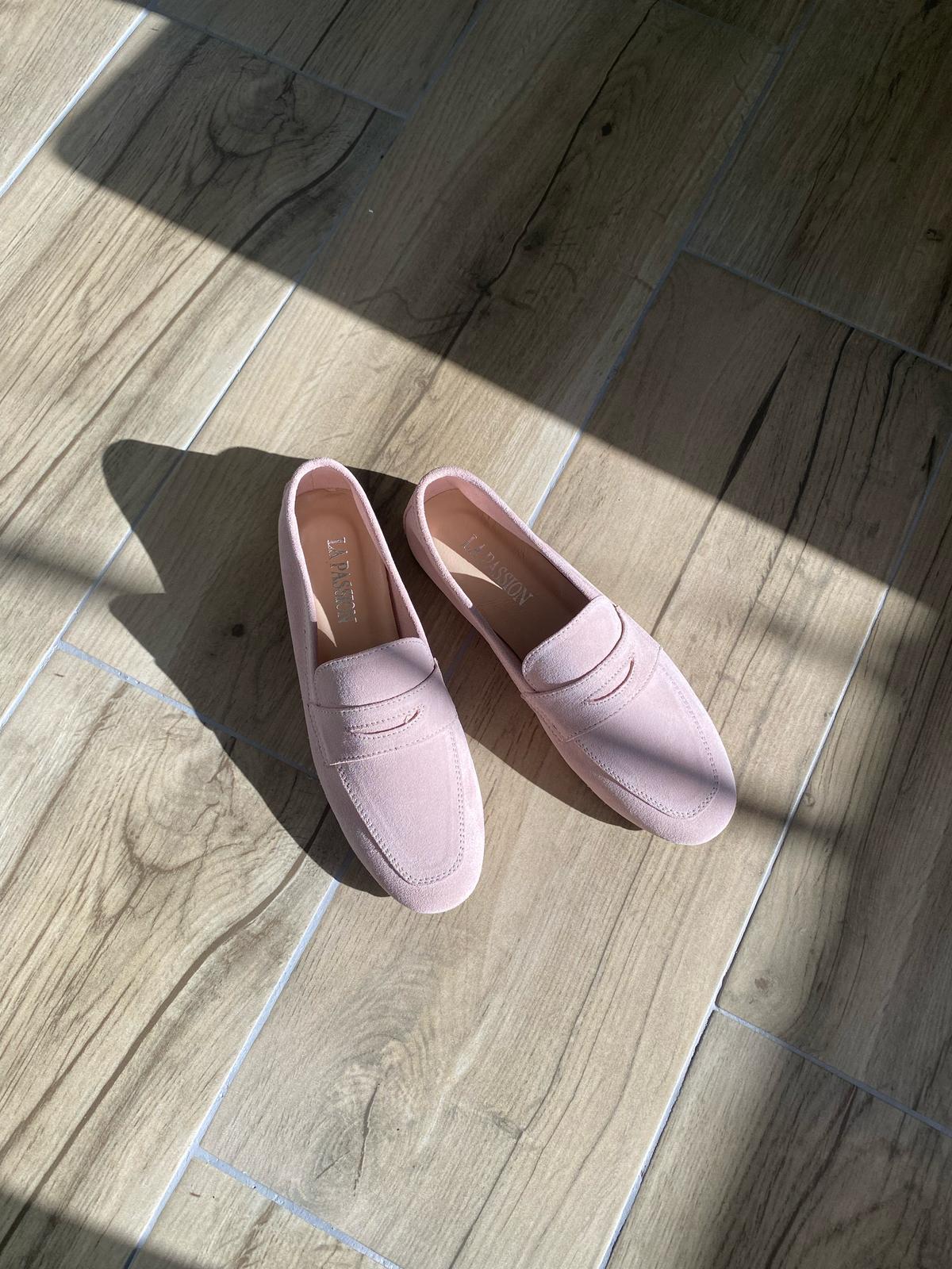 Hakiki süet deri toz pembe günlük kadın loafer