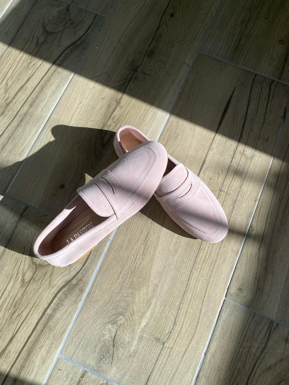 Hakiki süet deri toz pembe günlük kadın loafer