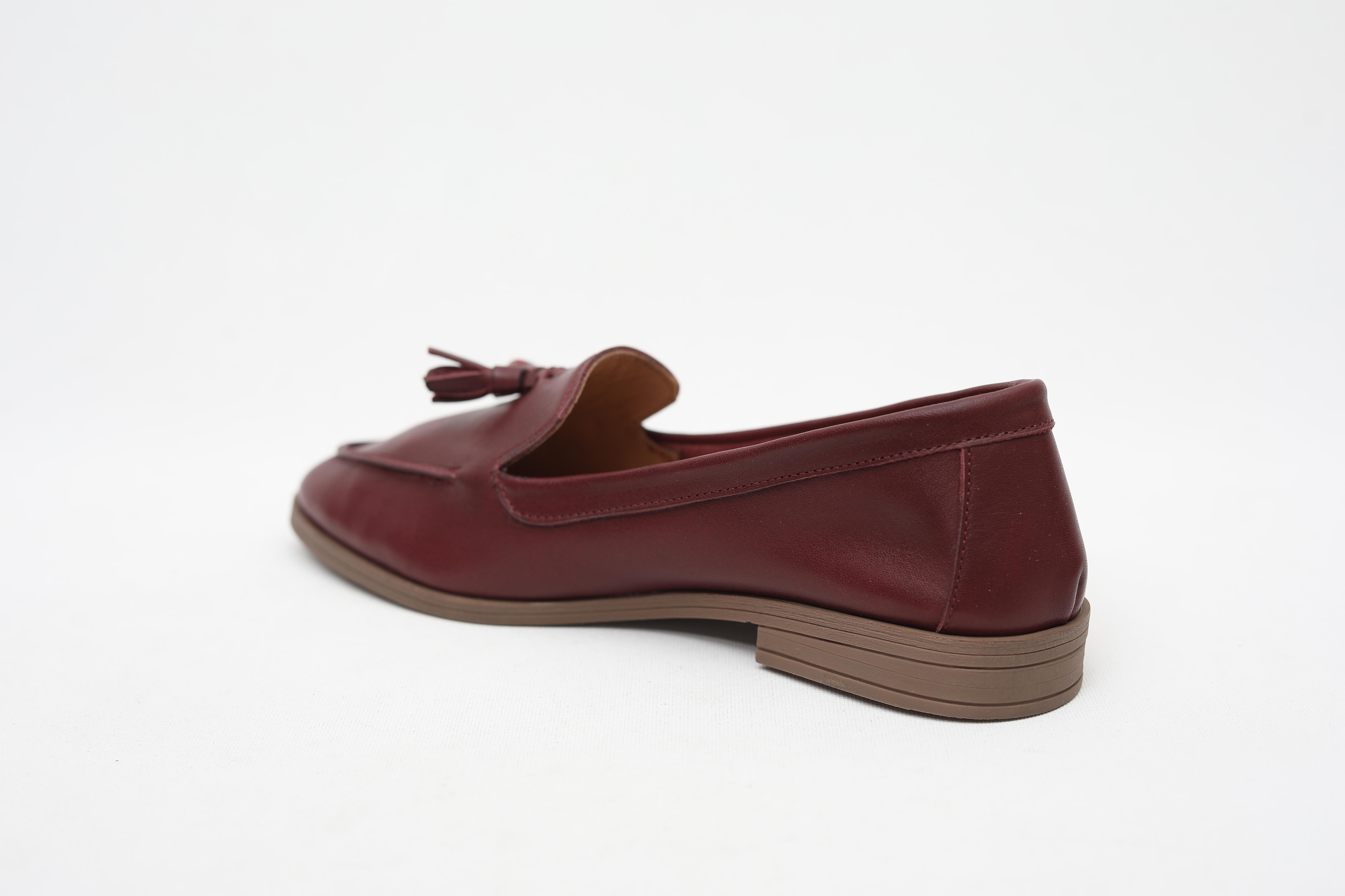 Püsküllü Hakiki Deri Bordo Kadın Loafer