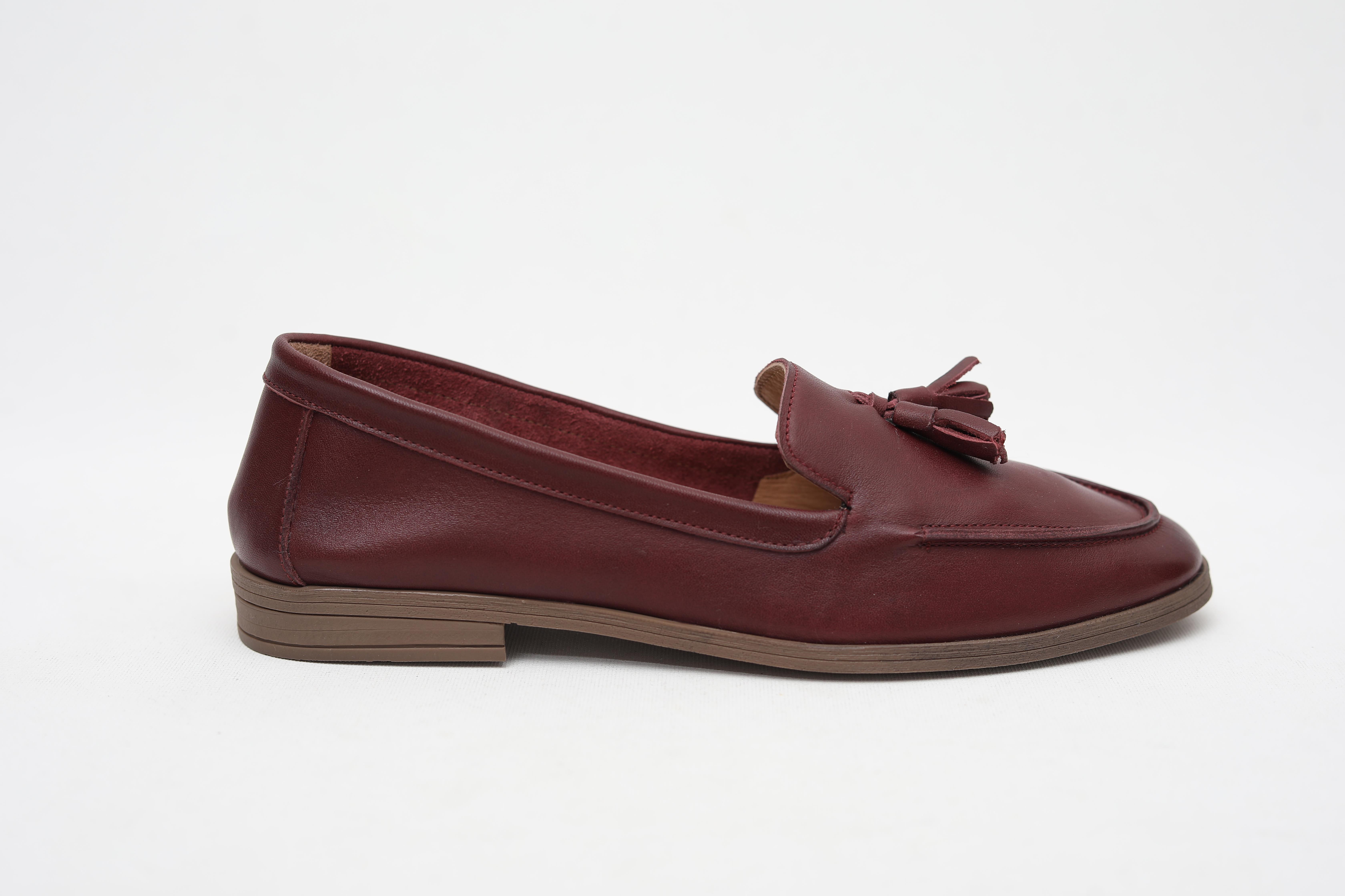 Püsküllü Hakiki Deri Bordo Kadın Loafer