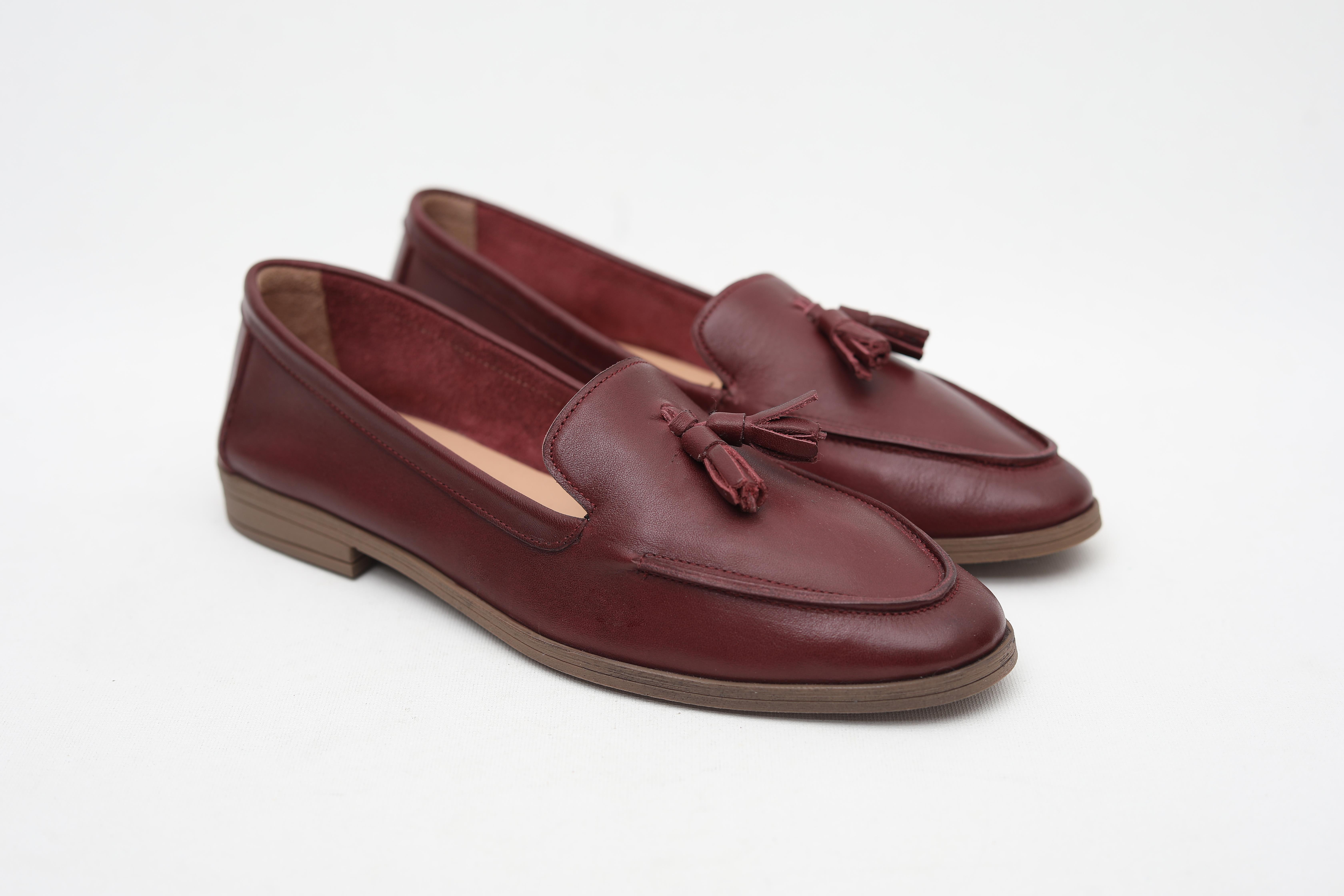 Püsküllü Hakiki Deri Bordo Kadın Loafer