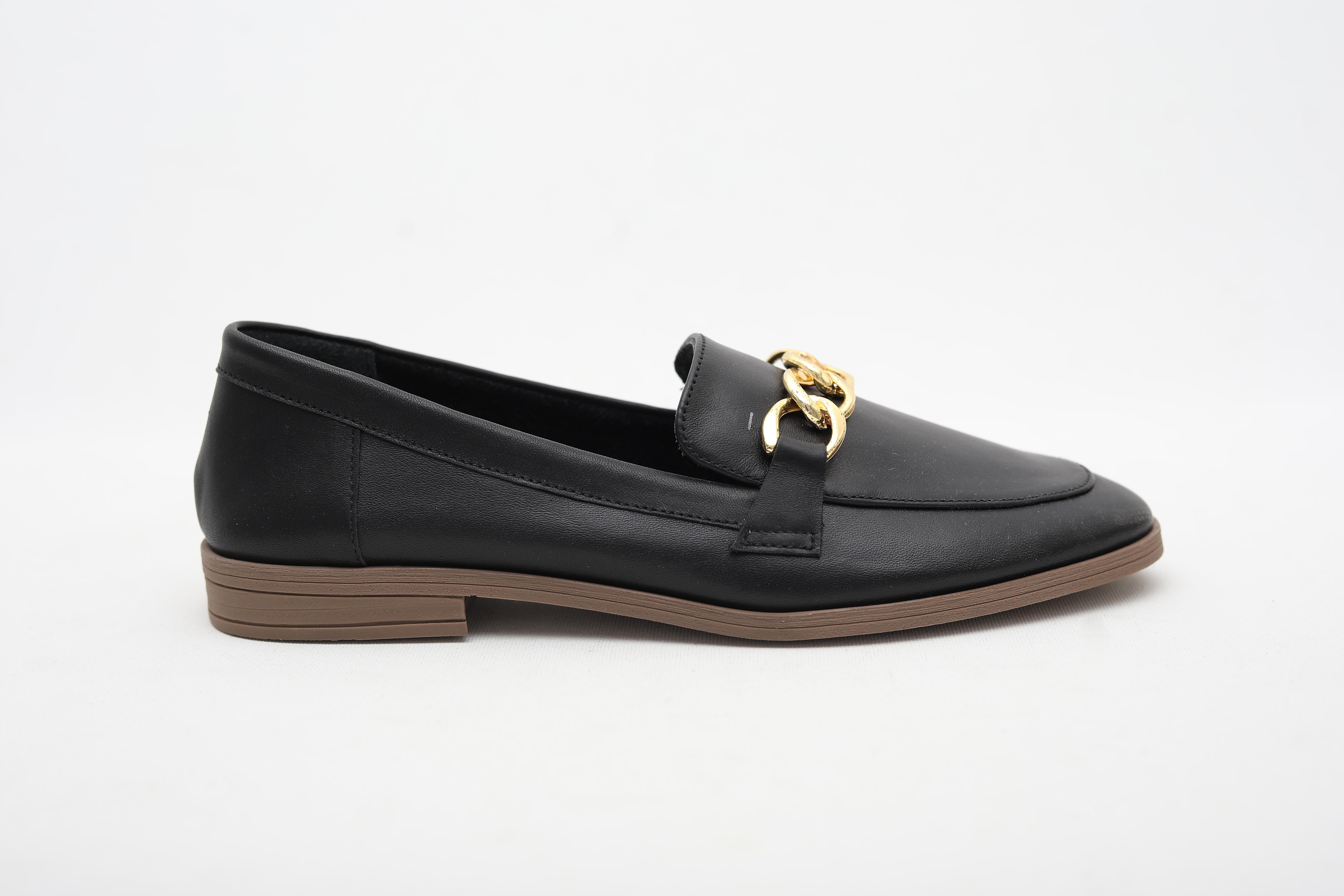 Zincirli Hakiki Deri Siyah Kadın Loafer