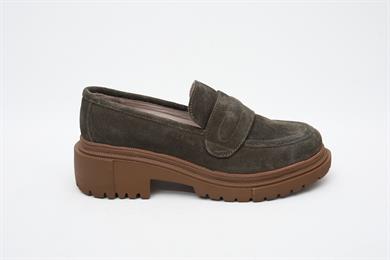 Hakiki Süet Kalın Taban Haki Kadın Loafer