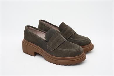 Hakiki Süet Kalın Taban Haki Kadın Loafer