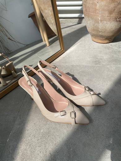 Hakiki deri Arkası açık tokalı Krem kadın stiletto
